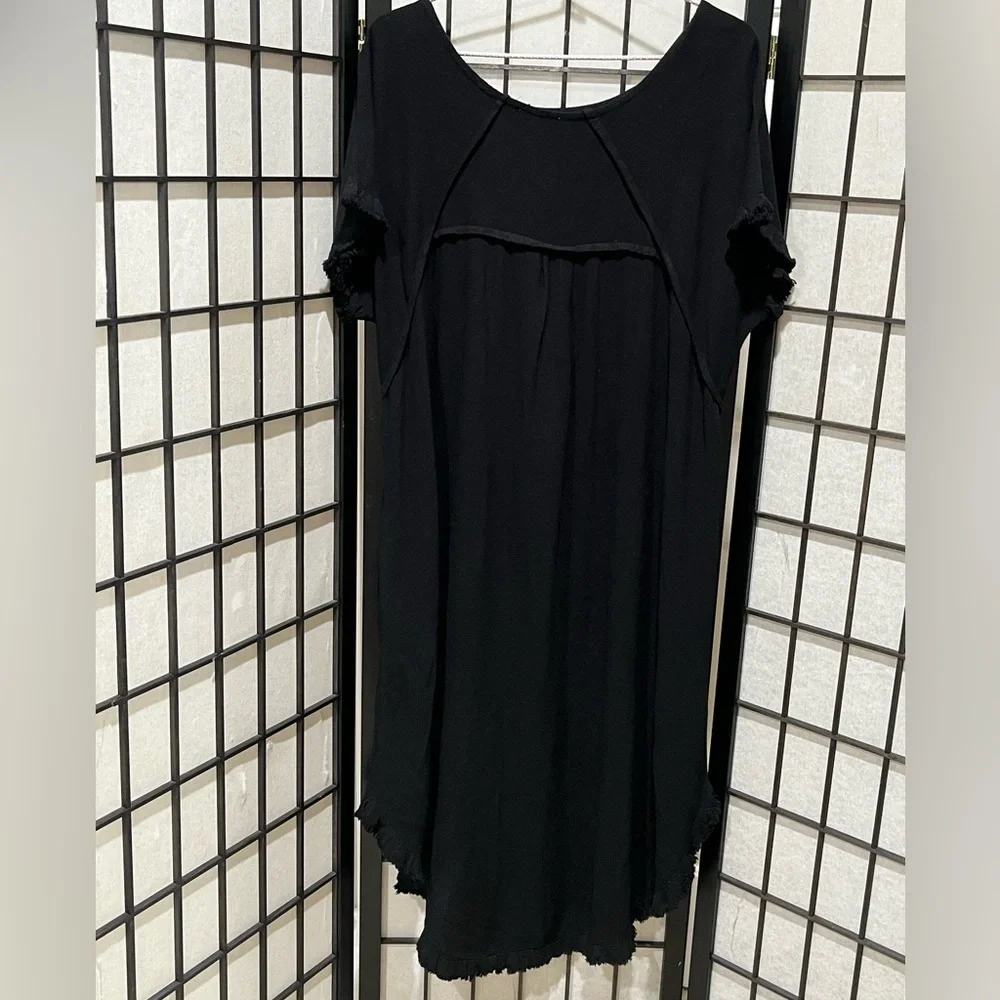 Umgee Elegant Black LINEN BLEND ROUND NECK POCKET DRESS WOMEN SIZE L